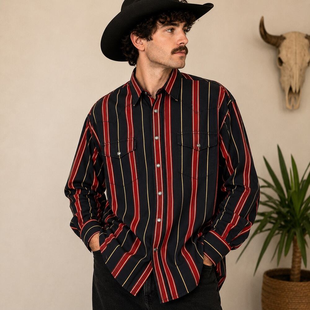 Vintage Wrangler Western Shirt Mens XL Pearl Snap Cowboy Rodeo Stripe Shirt